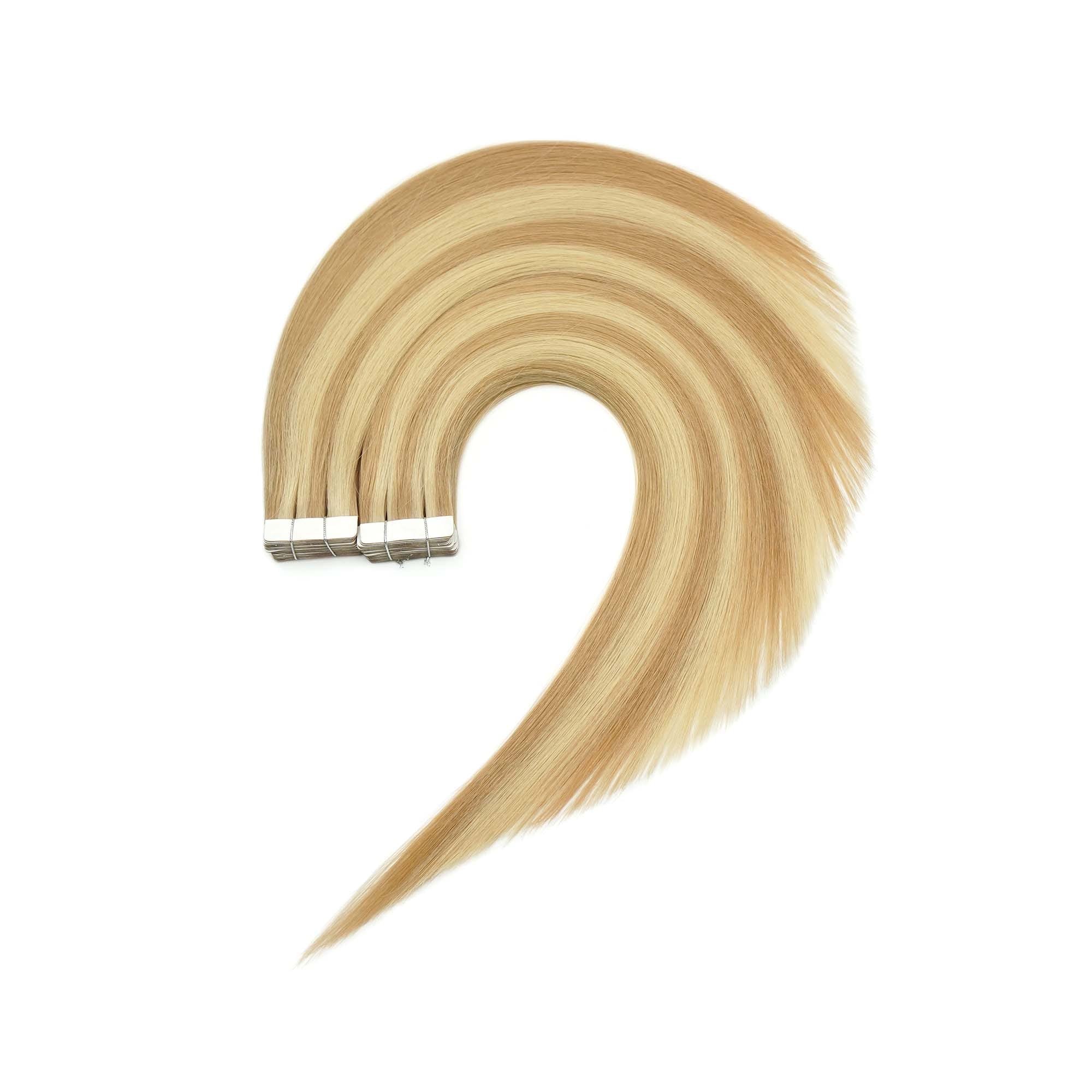 Light blonde Tape In hair extension sample for shade planning and color testing