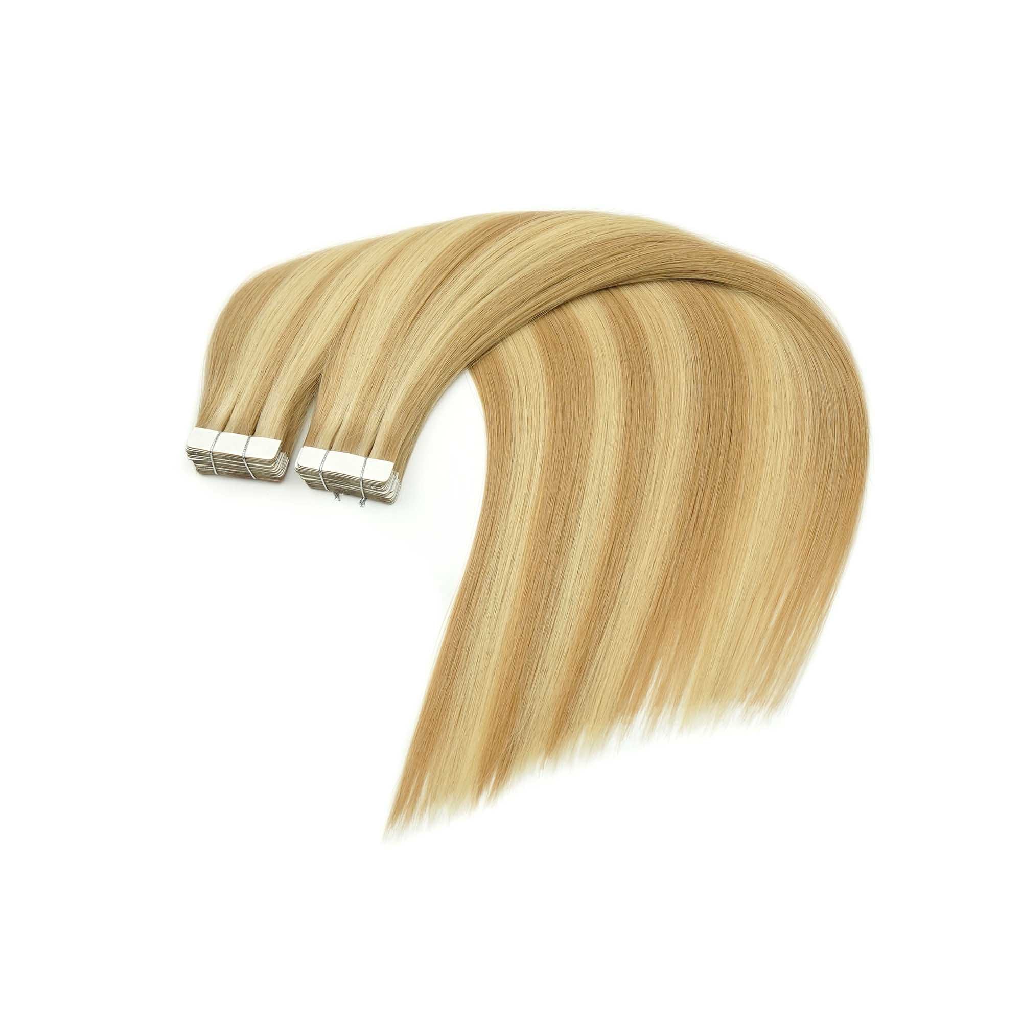 Blonde highlighted Tape In hair extension sample for soft salon volume and color blending
