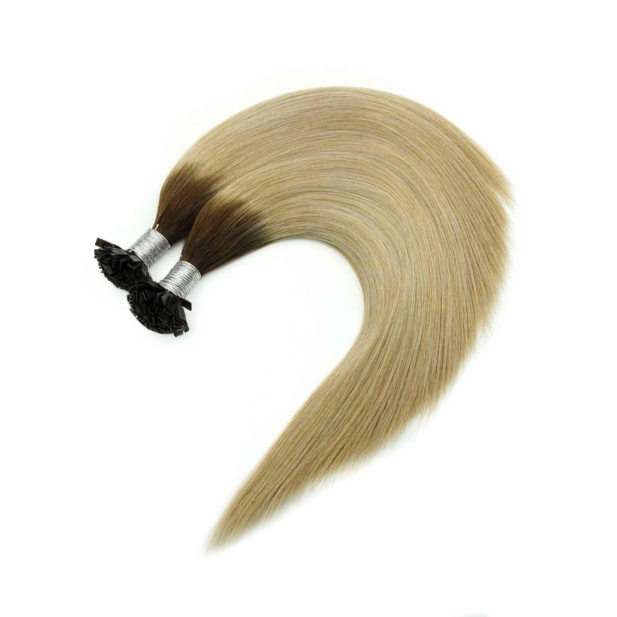 Rooted blonde F Tip extensions for color matching and heat bond sample planning