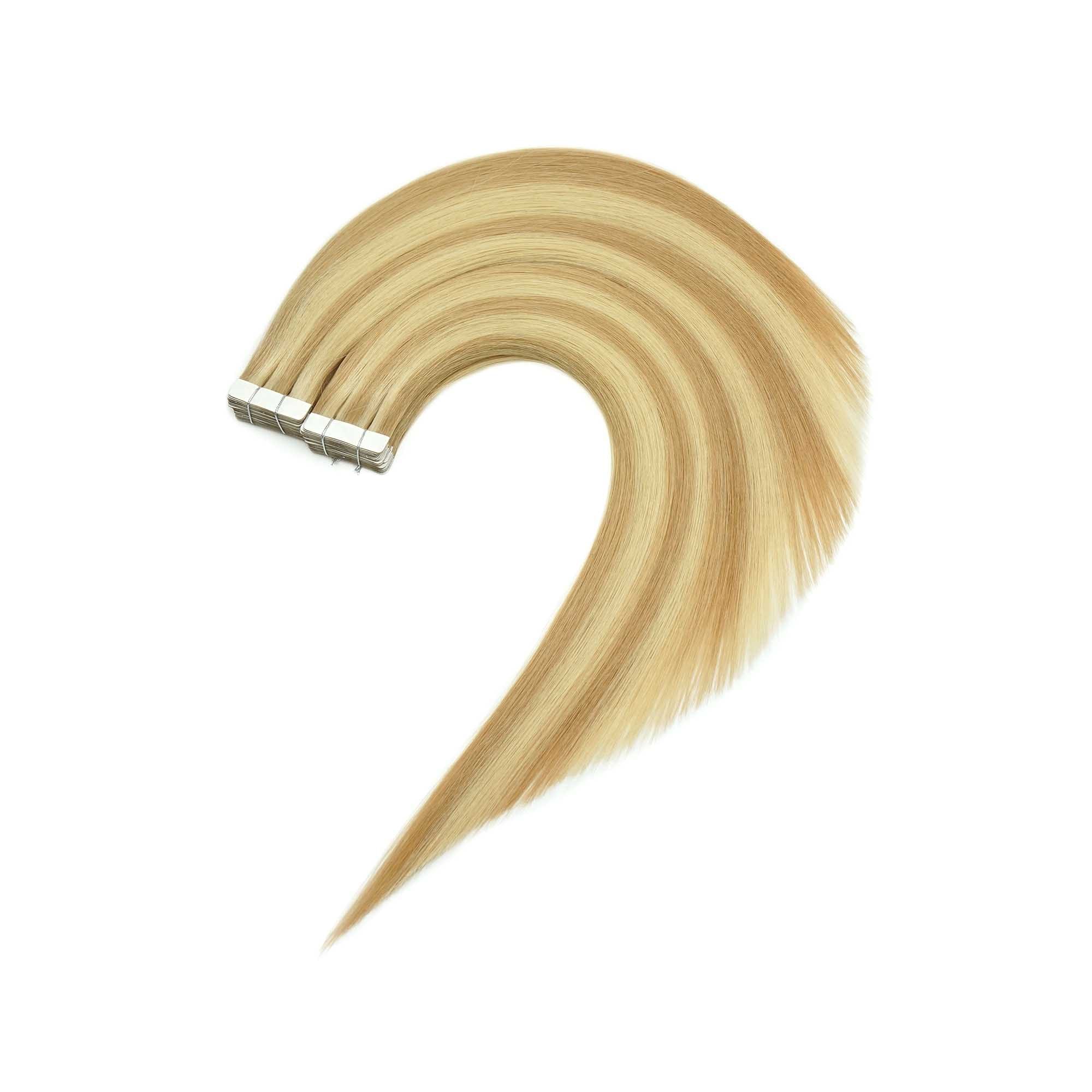 Warm blonde Tape In hair extension sample for flat placement and sectioning review