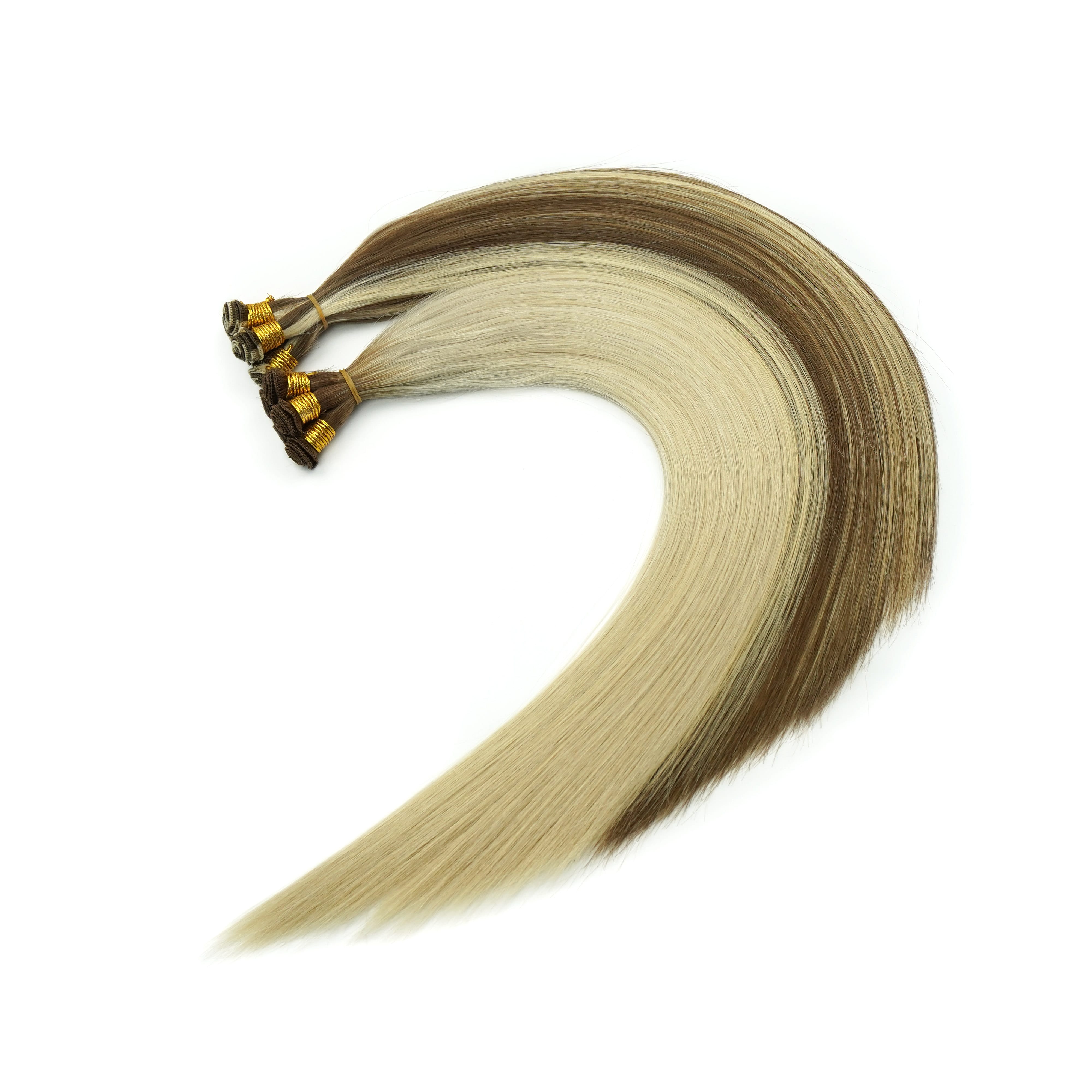 Hand tied style weft hair extensions in blonde and brown mixed shades